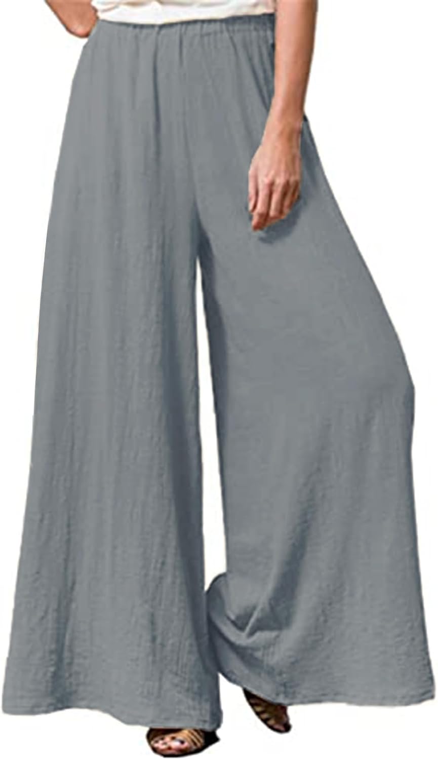 Womens Plus Size Linen Pants Wide Leg Palazzo Trousers High Elastic Waist Flowy Culottes with Pockets