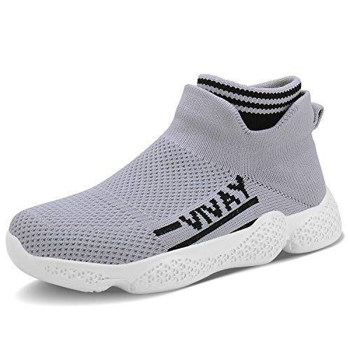 FEITAI Boys Fashion Sneakers Casual Walking Shoes Kids Knit Cute Athletic Running Shoes Grey 3(Little Big Kids)