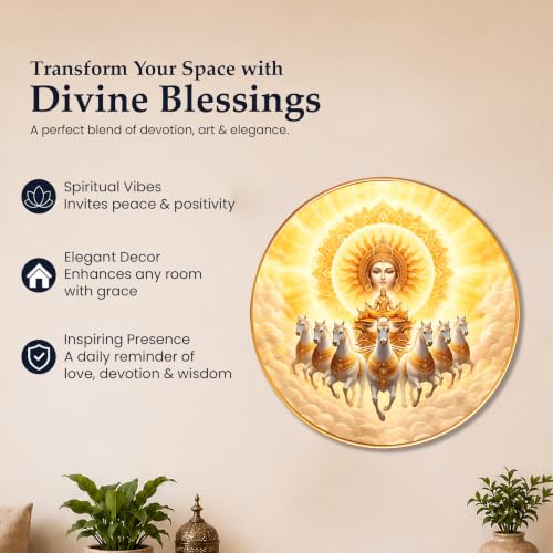 Image of PAINTINGMANTRA 7 Running Horse Wall Art Painting With Frame For Living Room| Seven Horses Surya Dev Vastu Decor Framed Painting | Sun God Spiritual Round Wall Hanging for Home, Office & Gifting, 23 Inch