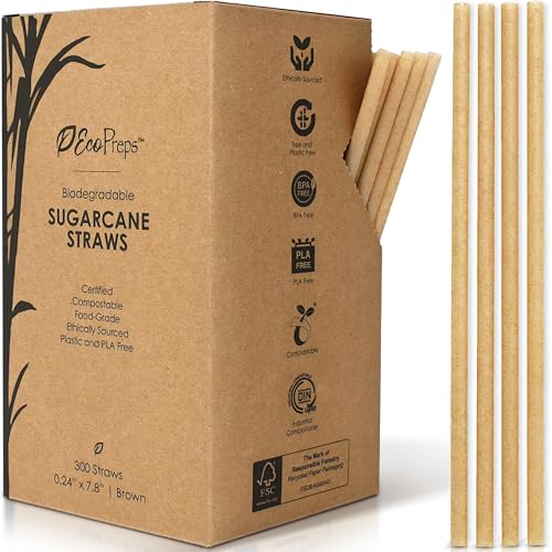EcoPreps Biodegradable Sugarcane Straws | 300 Count 100% Compostable Plastic-Free & Eco-Friendly Drinking Straw | 7.8 Sugar Fiber Disposable Straws Smoothie Straw for Home Restaurant Parties