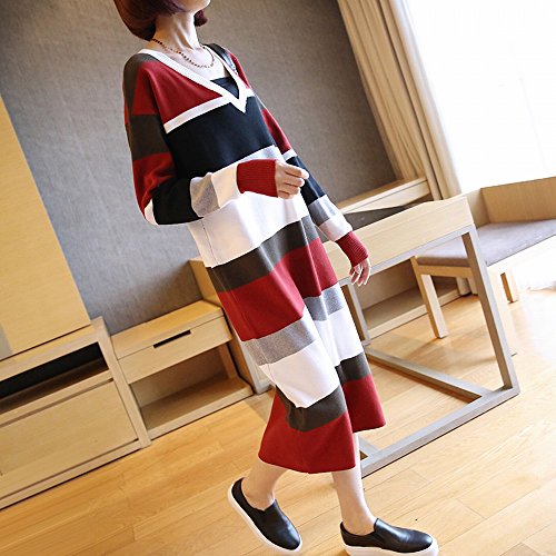 Robe tricot col V femme rayures mode grande taille longue vêtements ZULQ