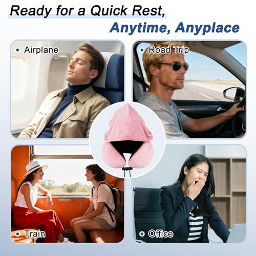 Almohada de viaje espuma viscoelástica con capucha rosa miniatura 6