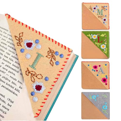 Marcador de página personalizado bordado à mão, marcador de página de triângulo de feltro, bordado de letras de flores para amantes de livros (bege primavera I)