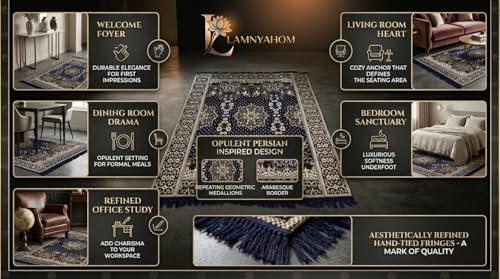 Image of 5x7 Feet Carpet for Living Room | Acrylic Cotton Area Rug | Soft, Durable & Lightweight | Anti-Slip Floor Rug for Bedroom, Hall, Office | Large Washable Carpet (Golden Blue)