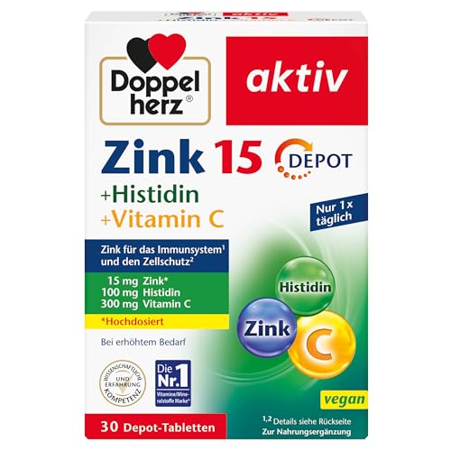 Doppelherz Zink 15 + Histidin + Vitamin C - 15 mg Zink als Beitrag für die normale Funktion des Immunsystems und für den Erhalt normaler Haut - 30 vegane Depot-Tabletten