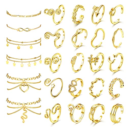 ORAZIO Toe Rings and Ankle Bracelets for Women Silver Rose Gold Plated Anklet Toe Rings Cute Layered Anklets Open Tail Rings Adjustable Beach Foot Jewelry for Summer Gold Tone