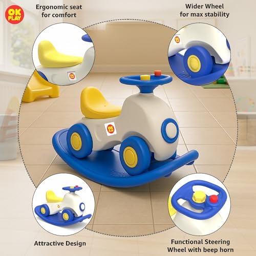 Image of OK PLAY 3-in-1 Ride-On Car for Kids | Rocker, Ride & Balance Board | Push Ride-On with Steering & Horn | Convertible Indoor Outdoor Toy | 18+ Months (Multicolor)