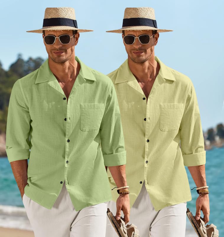 Image of Combo of Men's Casual Cotton Blend Shirt || Long Sleeve Button Down with Spread Collar | Lightweight Breathable Fabric | Stylish Solid Shirt for Beach, Office & Everyday Wear Pack of 2