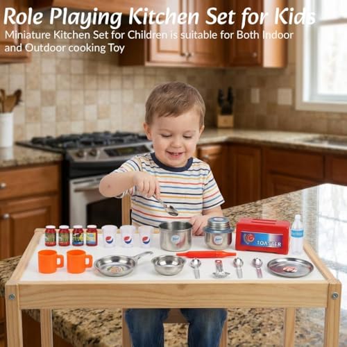 Image of DZLING Kids Steel Kitchen Set Toys, Traditional Indian Cooking Playset with Utensils, Gas Stove, Blender, Chakla Belan Accessories, Role Play Pretend Cooking Toy for Boys & Girls (Mom Kitchen)