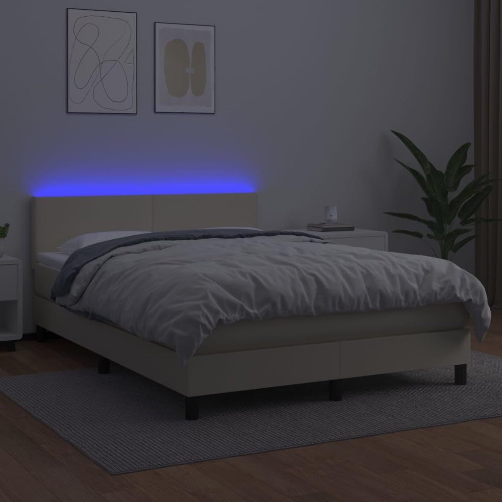 Ekoskóra z regulowanym zagłówkiem kontynentalne z LED kremowy 140x190cm | Łóżko kontynentalne z LED i materacem 140x190 kremowe ekoskóra z zagłówkiem regulowanym do sypialni
