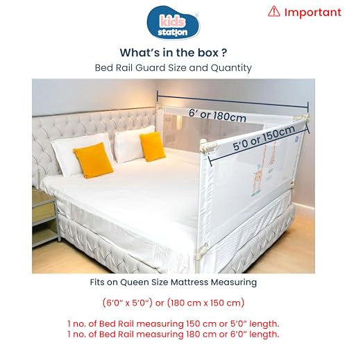 Image of Kids Station 2 Side Premium Bed Rail Guard (6ft x 5ft / 180cm x 150cm), Bed Railing for Baby Safety, Kids Toddler Bed Protector Side Walls, Adjustable Height, Portable & Foldable (White)
