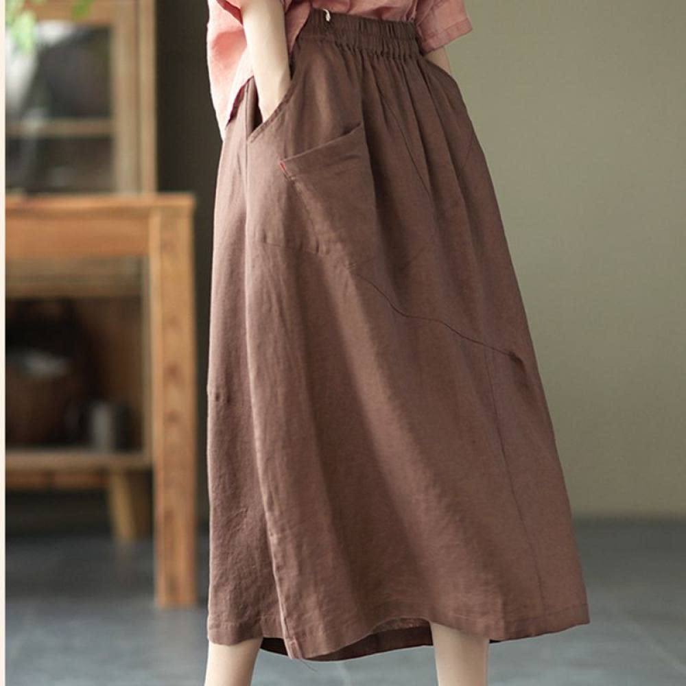 Röcke Damen,Midi-Rock Für Damen, Khaki, Elastische Taille, Retro-Leinen-Faltennähte, Rock Mit Tasche, A-Linie, Gerüscht, Einfarbig, Lässig, Langer Rock Für Mädchen, Damen, M