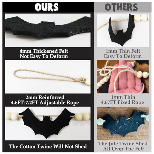Halloween Garland Decorations - Adjustable Spooky Hanging Black Felt Bat Garland Fireplace Decor - Aesthetic Boho Wood Beads Mantel Banner for Home Room Indoor Farmhouse Office Wall Halloween Decor - Image 4