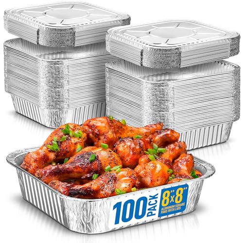 Image of 8x8 Disposable Aluminum Pans With Lids - 100 Pack Foil Pans For Cooking, Baking Cakes, Roasting & Homemade Breads - Disposable Food Containers With Foil Lids