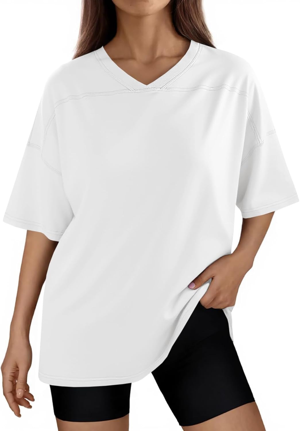 Fisoew Womens V Neck T Shirts Athletic Gym Short Sleeve Loose Running Casual Summer Tops White Small