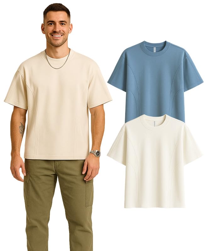 Image of Sleepynuts Men 220 GSM 100% Pure Cotton Oversized Baggy Fit Drop Shoulder Round Neck T-Shirt Pack of 2 (Off White, Dusty Blue-XS)