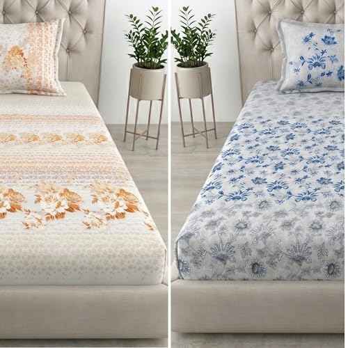 Image of Mafatlal Spring Glory Cotton Single Bedsheet Combo Pack of 2 with Pillow Covers | 180 TC Soft Breathable Fabric | Lightweight Everyday Comfort Single Bed Sheets|Orange Peel & Floral Blue