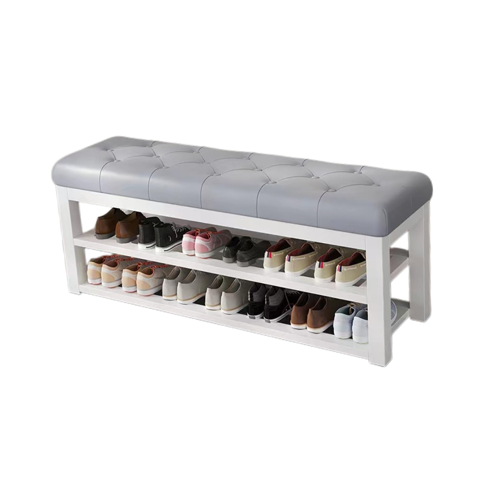 WJFTODAY 2 Tier Leather Padded Shoe Rack Bench Metal Storage for Entryway Bedroom Closet Living Room Durable and Stylish (210x35x48cm)