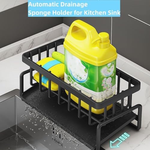 Image of BELOXY Metal Sponge Holder for Kitchen - Auto-Draining Organizer Caddy with Soap Tray, Dish Brush Holder & Towel Bar - Large Capacity Kitchen Sink Storage Rack (Matte Black)