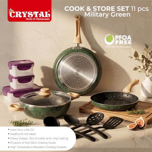 Image of Crystal Aluminum 11 Pcs Non Stick Cookware Set with Induction Bottom | Tawa, Fry Pan, Kadhai with Lid, 4 Serving Spoons, 3 Containers | 4 Layer Non Stick Coating | PFOA Free | Green