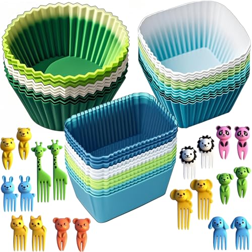 Silicone Lunch Box Dividers - Bento Box Lunchbox Accessories Reusable Cupcake Liners Molds for Baking with 20pcs Food Picks