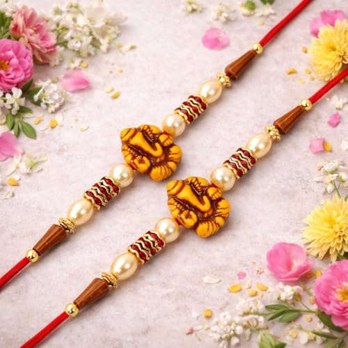 Image of Riddhika Ventures Lavish Pearl and Diamond Ring Bhaiya Bhabhi Rakhi (Set of 2) with Roli Chawal & Greeting Card | Raksha Bandhan Special