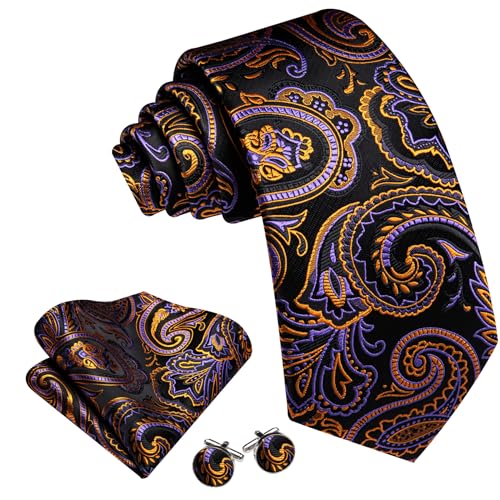 Image of Barry.Wang Men Tie Set Paisley Silk Necktie Pocket Square Cufflinks Formal Wedding Business Party