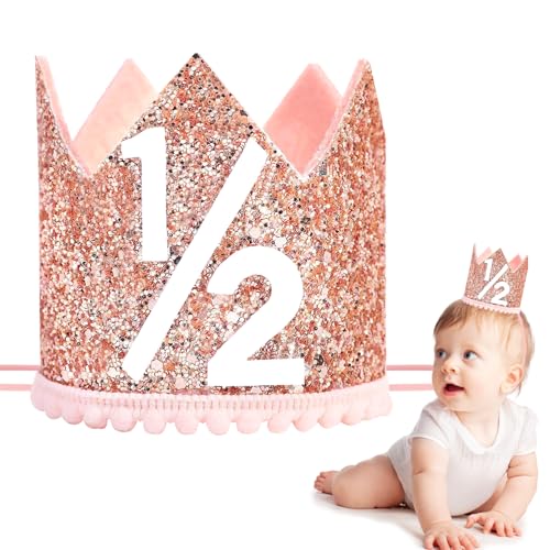 HRXMS 1/2 Birthday Girl Crown - Pink & Rose Gold Adjustable Baby Girl Half Birthday Hat for 6-12 Months, Soft Photo Props for Half Year Celebration, Party Decorations