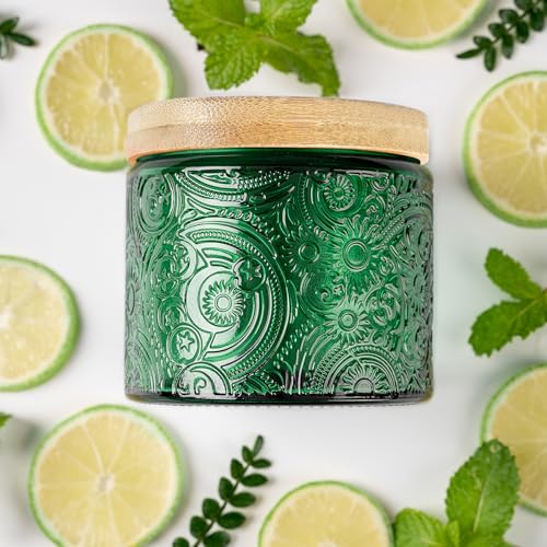 10 oz Embossed Glass Candle Container with Bamboo Lids and Labels, Green Candle Jars for Making Candles, Sun Moon Stars Design - Pack of 9 (Green)