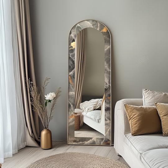 Specchio da pavimento astratto con venatura in marmo fumé da 63,5 x 160 cm (larghezza x altezza), specchio da pavimento con cornice nera e cornice nera