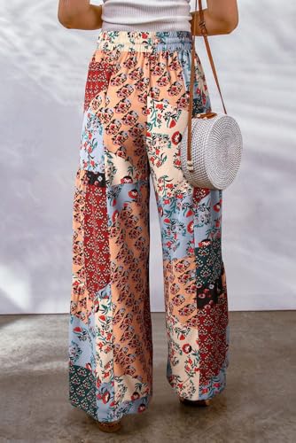 Womens Boho Floral Palazzo Pants Wide Leg Casual Elastic High Waist Drawstring Trousers3