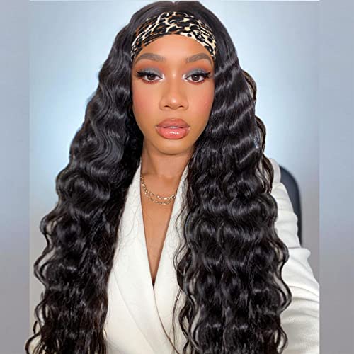 Loose Wave Headband Wigs for Black Women Glueless Black Synthetic Wig 180% Density Wavy Wig With Headband Attached Heat Resistant 18 Inches