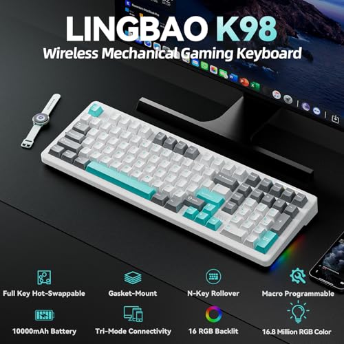 Image of LINGBAO K98 - 96% Mechanical Keyboard Wireless,10000mAh Battery,Wireless Gaming Keyboard BT5.0 /2.4G /USB-C, Gasket Hot Swappable,RGB Backlit, Creamy Sounding Keyboards with Number Pad for Win /Mac /PC
