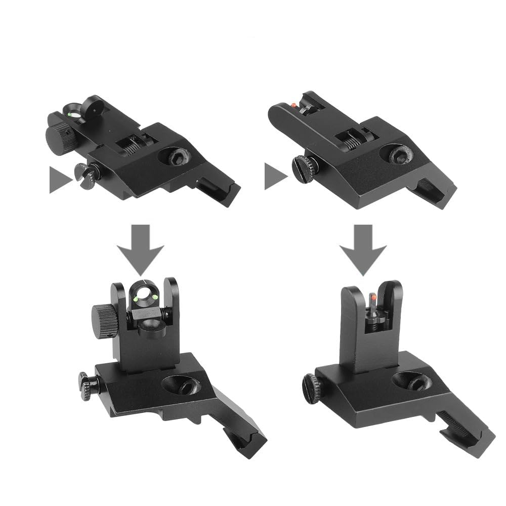 Aluminum Alloy 45 Degree Angled BUIS Front and Rear Flip Up Rapid Transition Backup Iron Sight For Rifle Scope(Black with fiber optic)