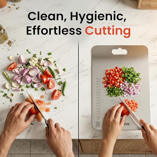 Image of Stainless Steel Chopping Board Set of 2 (31x21 cm + 35x25 cm) | 304 Steel Cutting Board for Kitchen Large & Medium | Rust Proof Chopper Board | Odour Free Vegetable Cutting Board