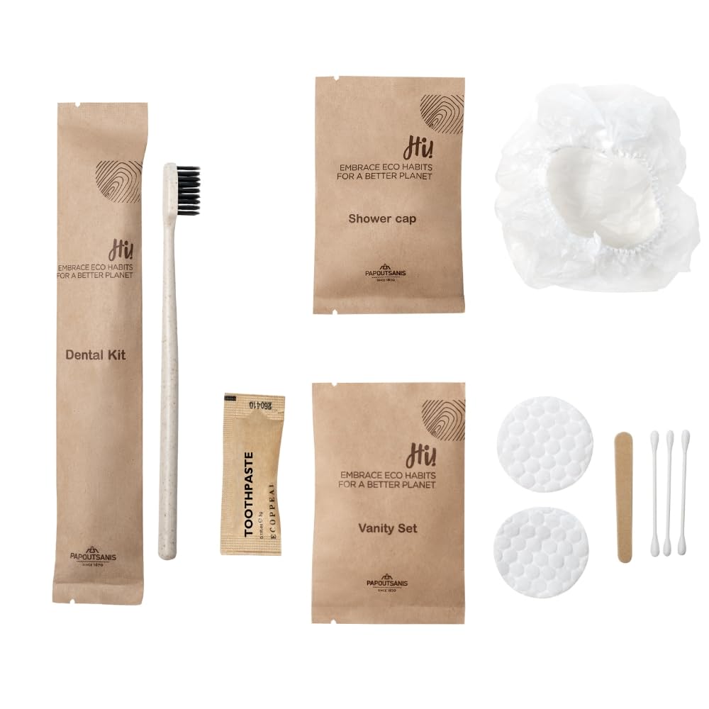 Ecologico Hotel Amenities Set Cortesia w kraft, Kit powitalny z szczoteczką i pastą do zębów, czepek prysznicowy, Vanity set (10)