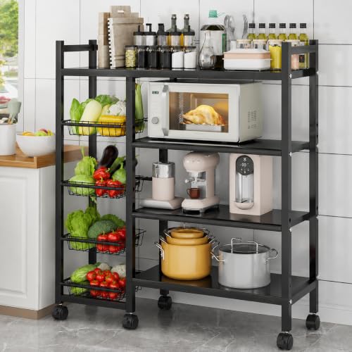 Image of Hukimoyo 4-Tier Metal Kitchen Storage Rack with Lockable Wheels Trolley Storage Cart for Kitchen Organizer with Removable 4 Mesh Basket Floor(120 Cm)