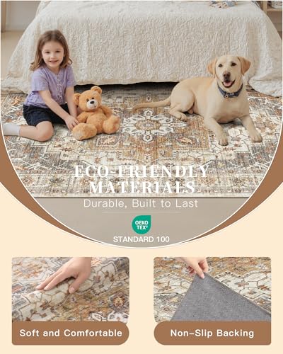 Madane Washable Area Rug 2x4, Small Entryway Rug Non-Slip Vintage Door Mat Indoor Entrance, Low Pile Floor Carpet Runner for Inside Front Door Kitchen Entry Laundry, Turmeric/Grey