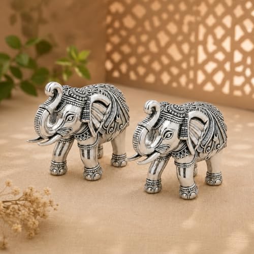 Image of KYAT Pure 999 Fine Silver Kamdhenu Cow with Calf Idol Elephant Pair (Elephant Pair - 2'')