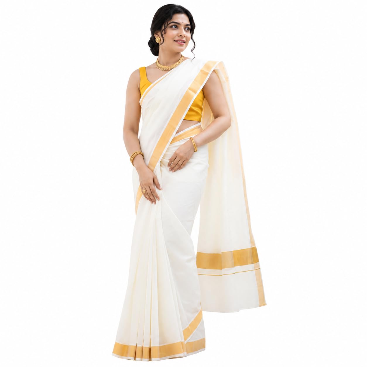Kerala Kasavu Saree for Women | White Cotton Blend Saree with Golden Zari Border | Traditional Kerala Saree | Onam, Vishu, Wedding & Festive | Unstitched Blouse Piece-image-48