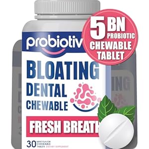 Chewable Probiotics Bloating Relief for Women 5 Billion CFU – “Two-in-One Combo” Digestive Enzymes for Gas Discomfort & Dental Probiotics for Teeth and Gums – 30 Mint Tablets
