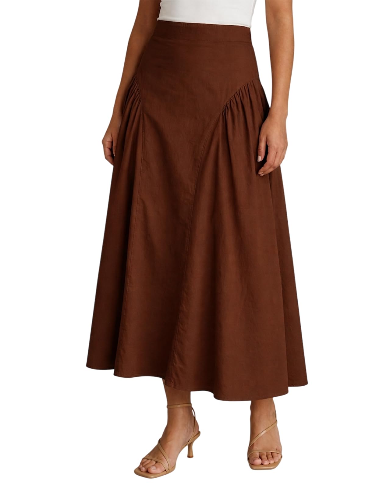 Moomaya Women's 100% Cotton Midi Skirt | High Waist Panelled A-Line Flared Skirt with Side Gathers | Soft Breathable Summer Casual Wear Brown-picture-24