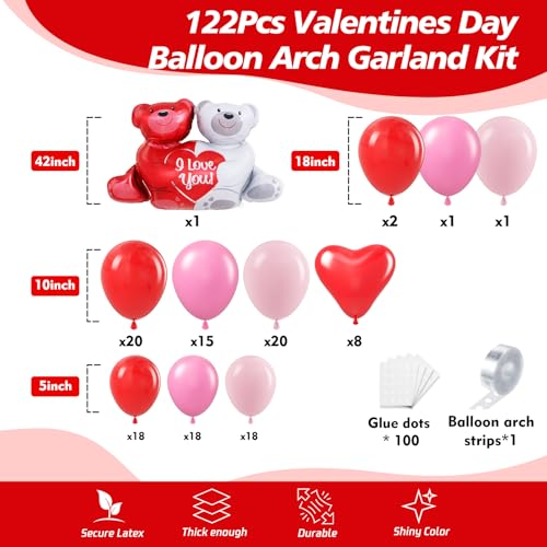 Image of Valentine's Day Balloon Garland Arch Kit - 122 Piece Red, Pink & Light Pink Balloons - Heart & Bear Shaped - Biodegradable - For Couples & Lovers