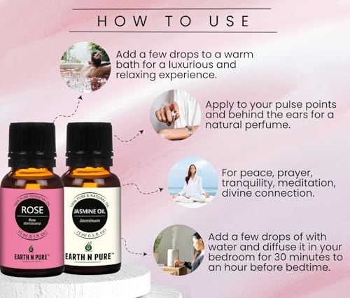 Image of Earth N Pure Jasmine & Rose Essential Oils | Pack of 2 (15 ml each) | 100% Pure, Undiluted, Natural and Therapeutic Grade - Perfect for Aromatherapy, Skin Therapy & More