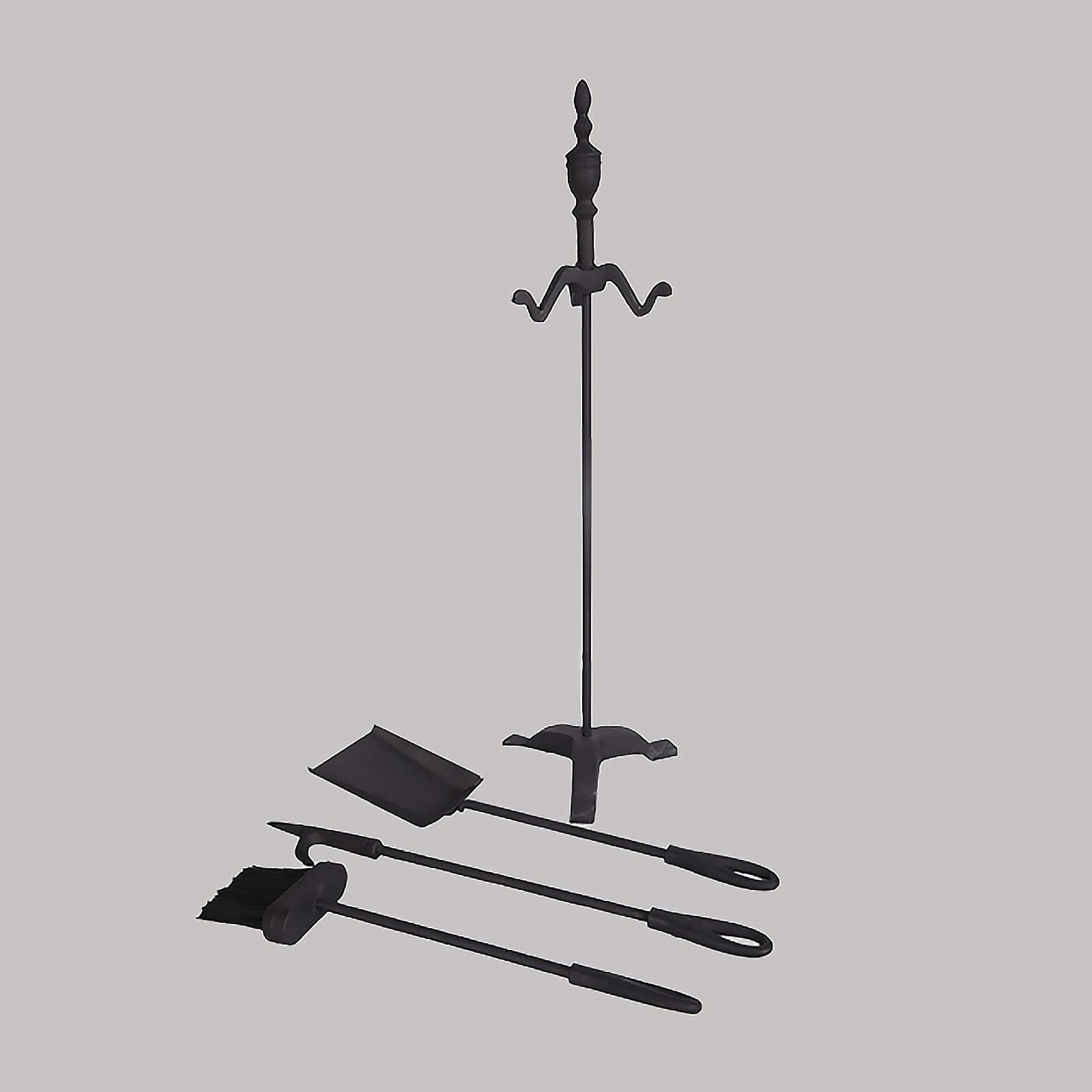 Juego de 4 herramientas para chimenea, accesorios de hierro fundido negro con ganchos, soporte, pala, cepillo de póquer, acabado moderno.