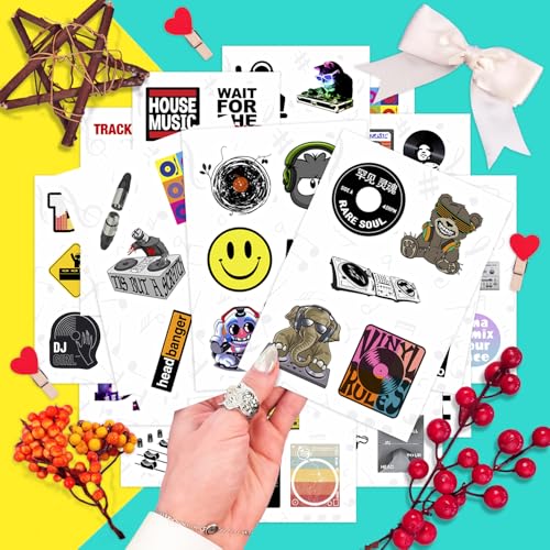 Image of 100Pcs DJ Stickers for Water Bottle and Laptop - DJ Party Favors & Decorations, Waterproof Vinyl Decals, Music and Turntable Stickers, Gifts for Women & Men