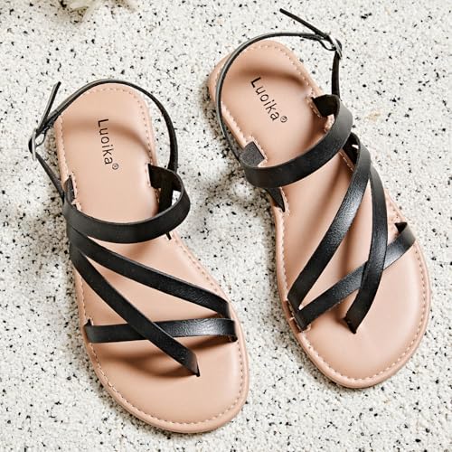 Image of Luoika Women's Wide Width Flat Sandals, Flip Flop Casual Strapy Sandals Slip on Summer Beach Shoes for Women.