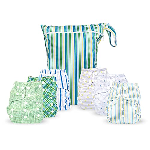 Image of Simple Being Reusable Cloth Diapers, Double Gusset, One Size Adjustable, Washable Soft Absorbent, Waterproof Cover, Eco-Friendly Unisex Baby Girl Boy, six 4-Layers Microfiber Inserts (Boy Stripe)