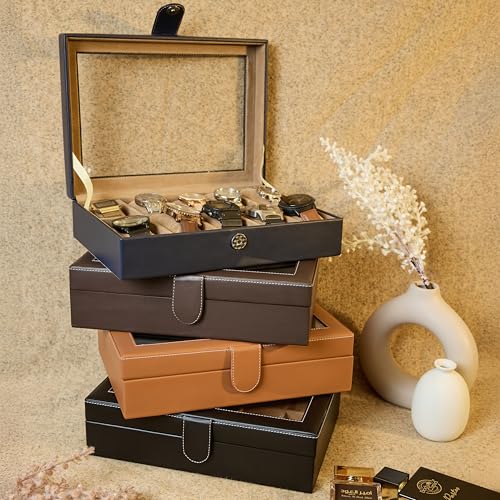 Image of Leather World Faux Leather Watch Box Organizer For Men & Women - Wrist Watch Box Holder 10 Slots - Removable Pillows Display Case - Gift for Loved Ones - Tan