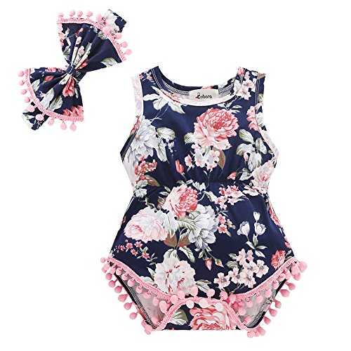Image of Baby Girl Clothes, Bobora Adorable Romper Flower Printed Well Made Summer Outfits Set Fashionable Blue Romper with Matching Headband(6M/M, Blue-Flower A)